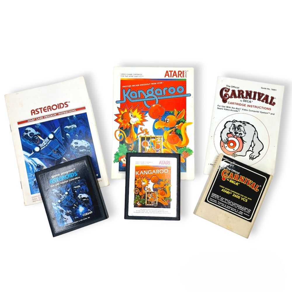 VTG Vintage 80s Atari 2600 Game Bundle - Asteroids, Kangaroo & Carnival